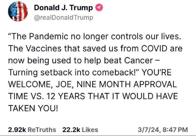 The orange arsehole still wants credit for the Vax, hang him by  the neck until he is dead